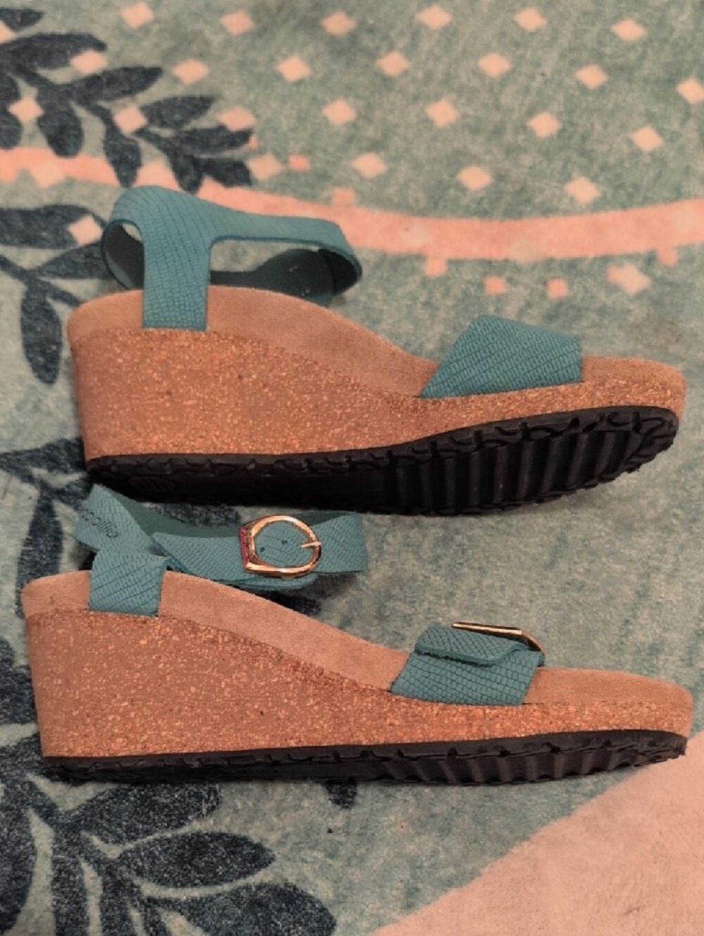 Birkenstock Papillio Teal Textured Two-Strap Wedge Sandals with Gold Buckles - Picture 9 of 9
